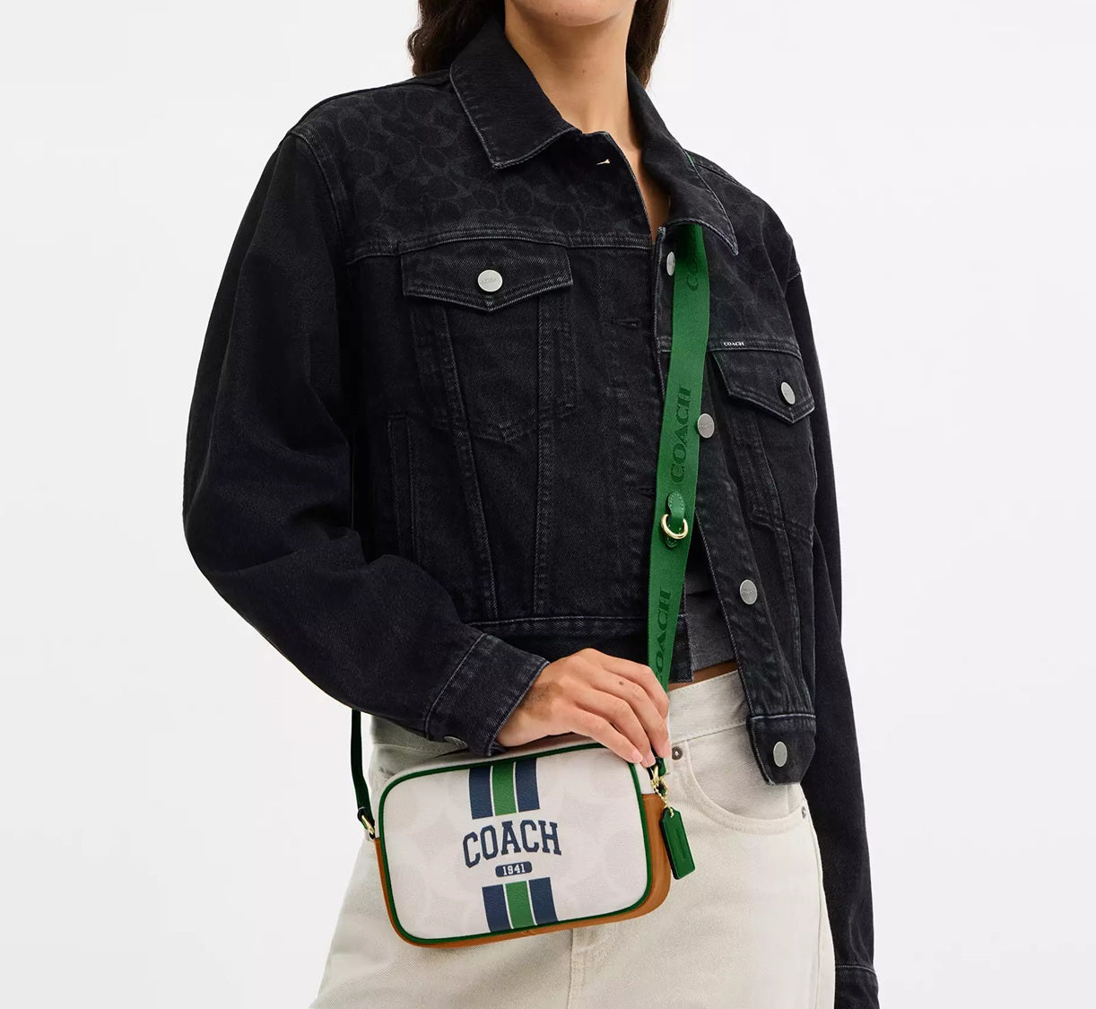 Mini Jamie Camera Bag In Signature Canvas With Varsity Stripe Kelly Multi Coach