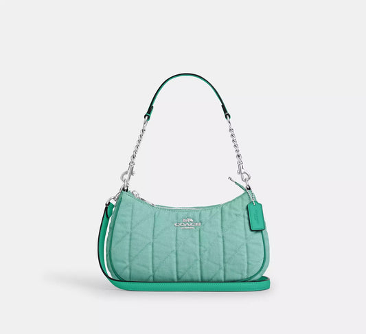 Teri Shoulder Bag Quilted Denim Green Coach