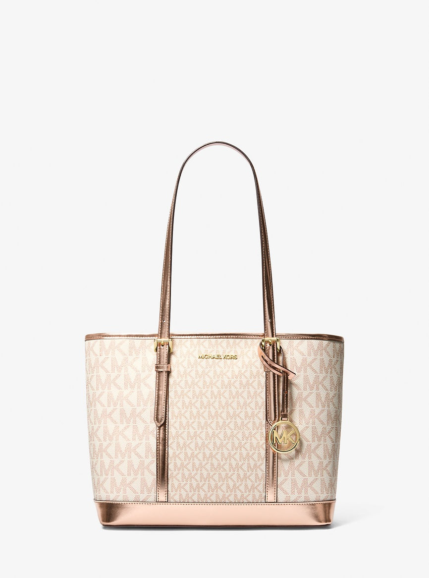 Jet Set Travel Small Metallic Logo Top-Zip Tote Bag Rose Gold Michael Kors