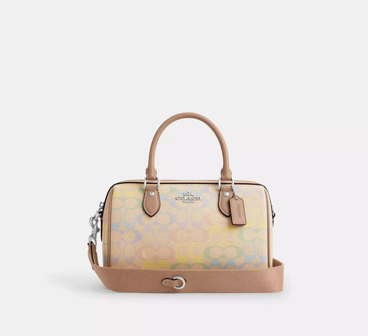 Rowan Satchel Bag In Rainbow Signature Canvas Silver Coach
