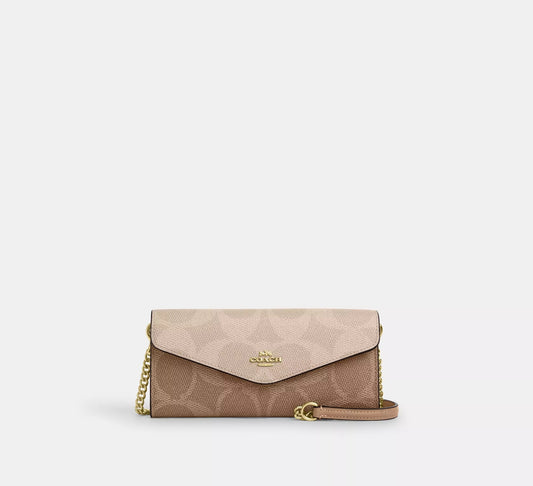 Klare Wallet With Chain In Blocked Signature Canvas Sand Tan Coach