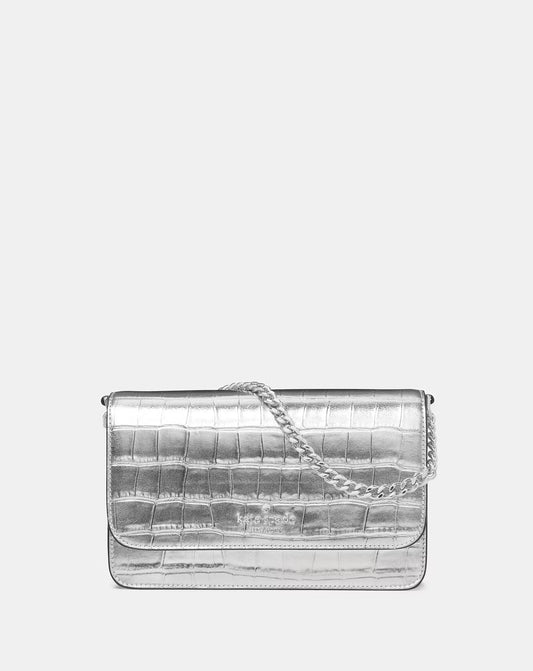 Madison Croc Embossed Willow Mini Flap Crossbody Silver Kate Spade