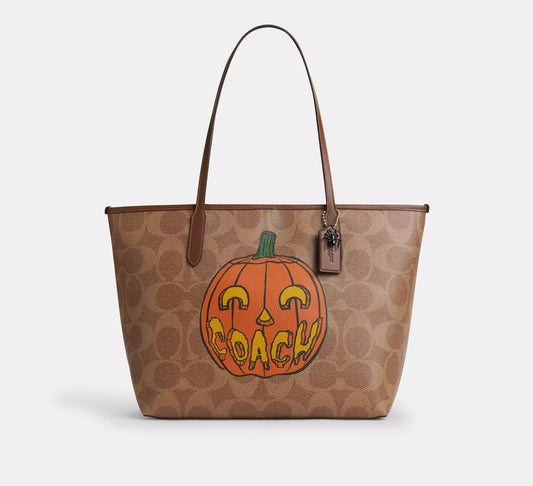 City Tote Bag In Signature Canvas With Halloween Print Tan Multi Coach