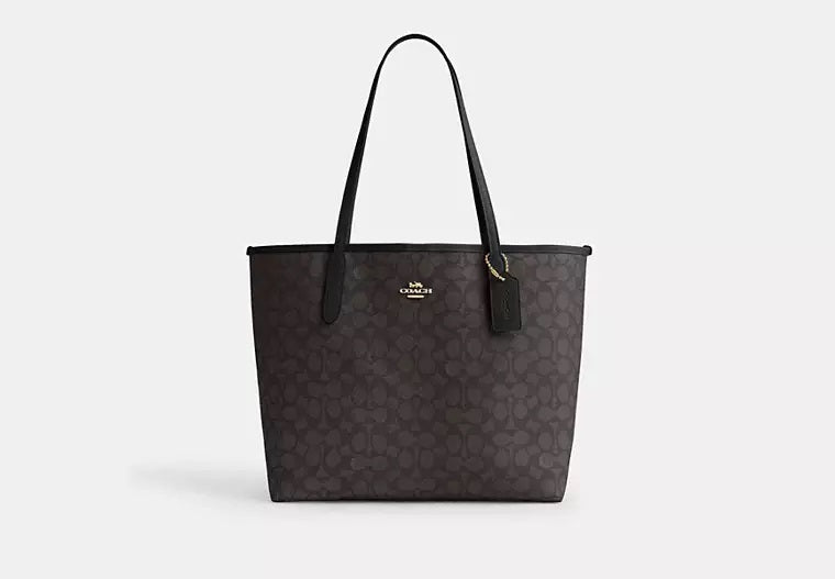 City Tote Bag In Signature Canvas Walnut Black Coach