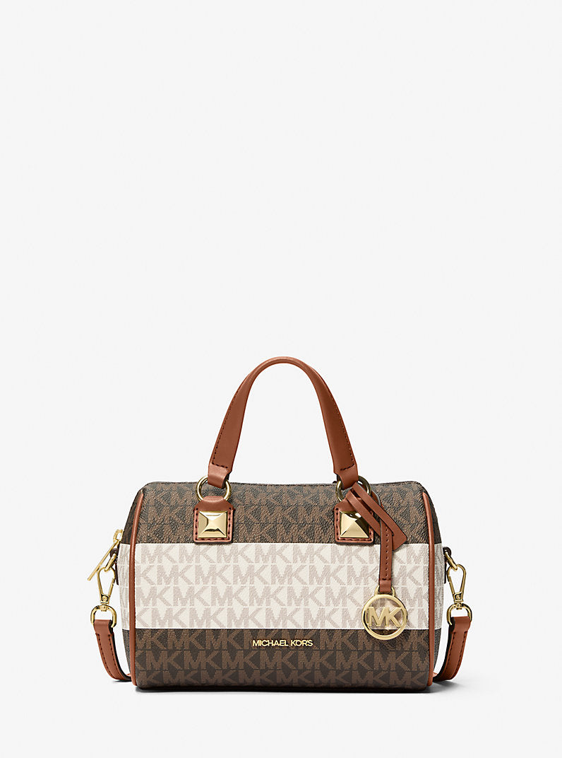Grayson Small Striped Signature Logo Duffel Crossbody Bag Brown Vanilla Michael Kors
