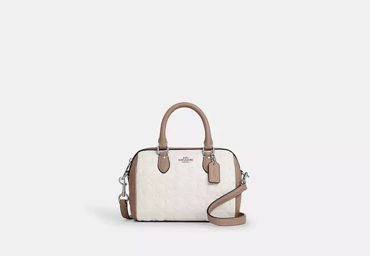 Mini Rowan Crossbody Bag In Blocked Signature Leather Chalk Taupe Coach