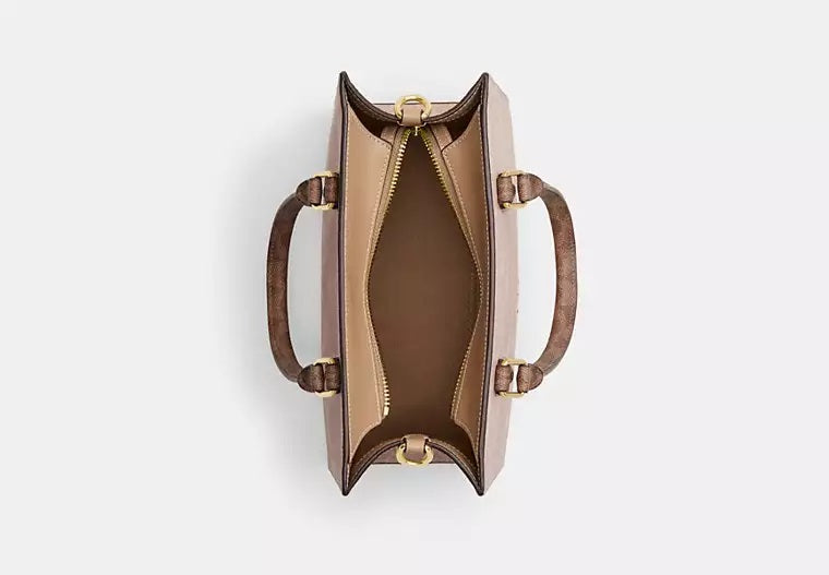 Maggie Small Tote Bag In Blocked Signature Canvas Sand Tan Coach