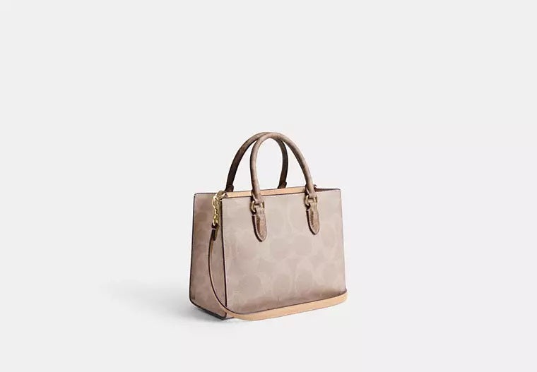 Maggie Small Tote Bag In Blocked Signature Canvas Sand Tan Coach