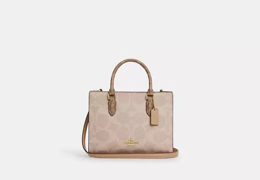 Maggie Small Tote Bag In Blocked Signature Canvas Sand Tan Coach