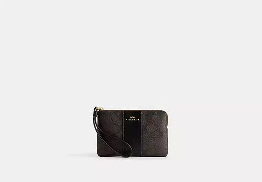 Corner Zip Wristlet In Signature Canvas With Stripe Walnut Black Coach