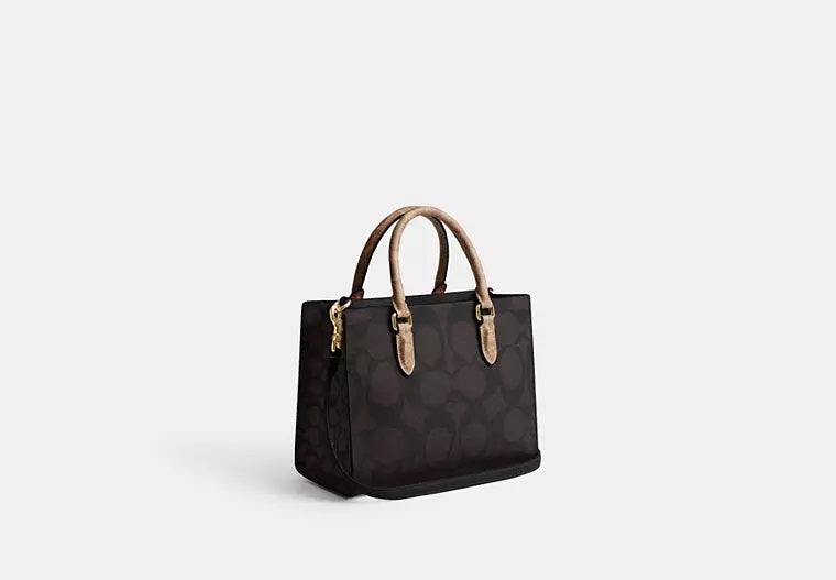 Maggie Small Tote Bag In Blocked Signature Canvas Walnut Tan Coach