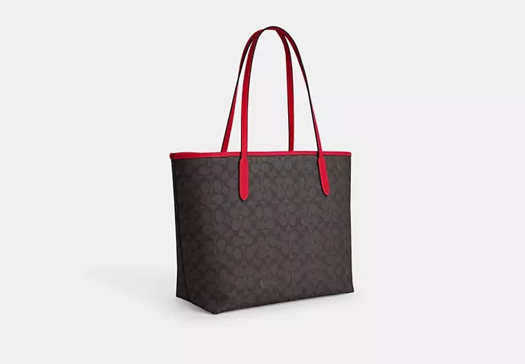 City Tote Bag In Signature Canvas Walnut Bold Red Coach