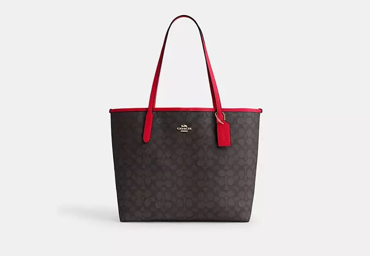 City Tote Bag In Signature Canvas Walnut Bold Red Coach