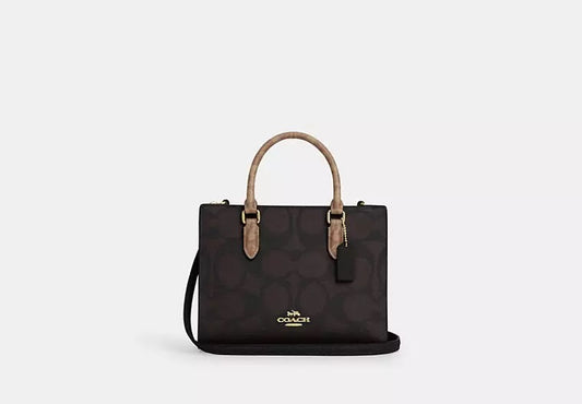 Maggie Small Tote Bag In Blocked Signature Canvas Walnut Tan Coach