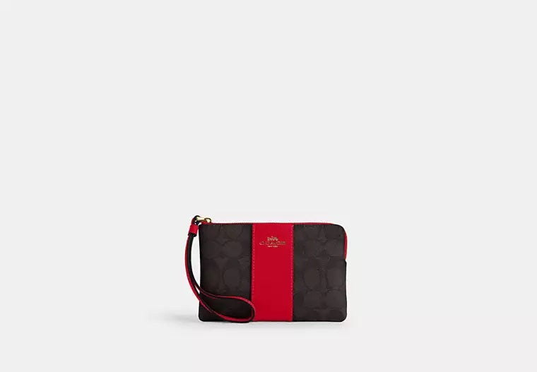 Corner Zip Wristlet In Signature Canvas With Stripe Bold Red Coach