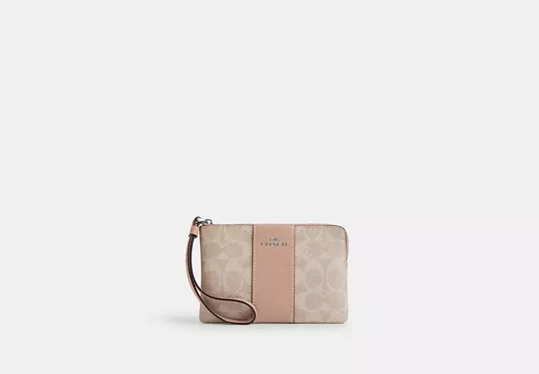 Corner Zip Wristlet In Signature Canvas With Stripe Sand Taupe Coach