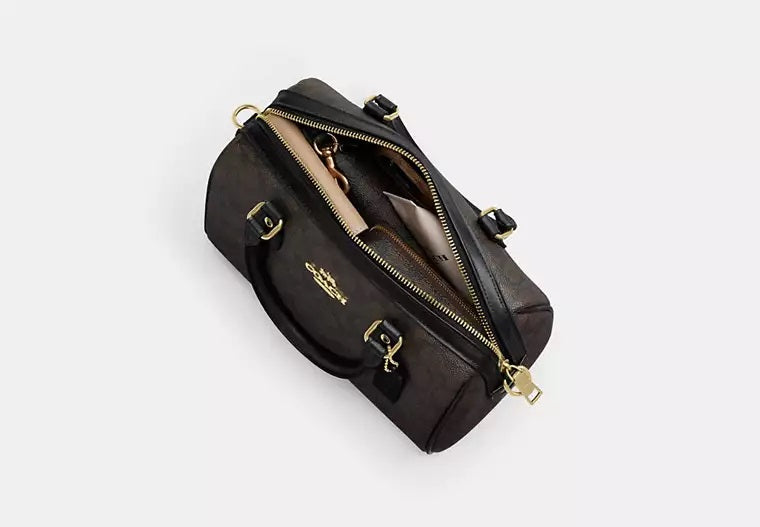 Mini Rowan Crossbody Bag In Signature Canvas Walnut Black Coach