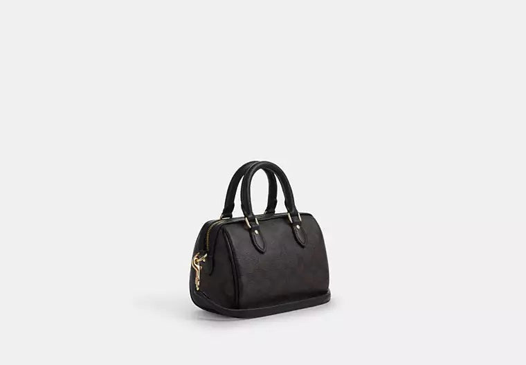 Mini Rowan Crossbody Bag In Signature Canvas Walnut Black Coach