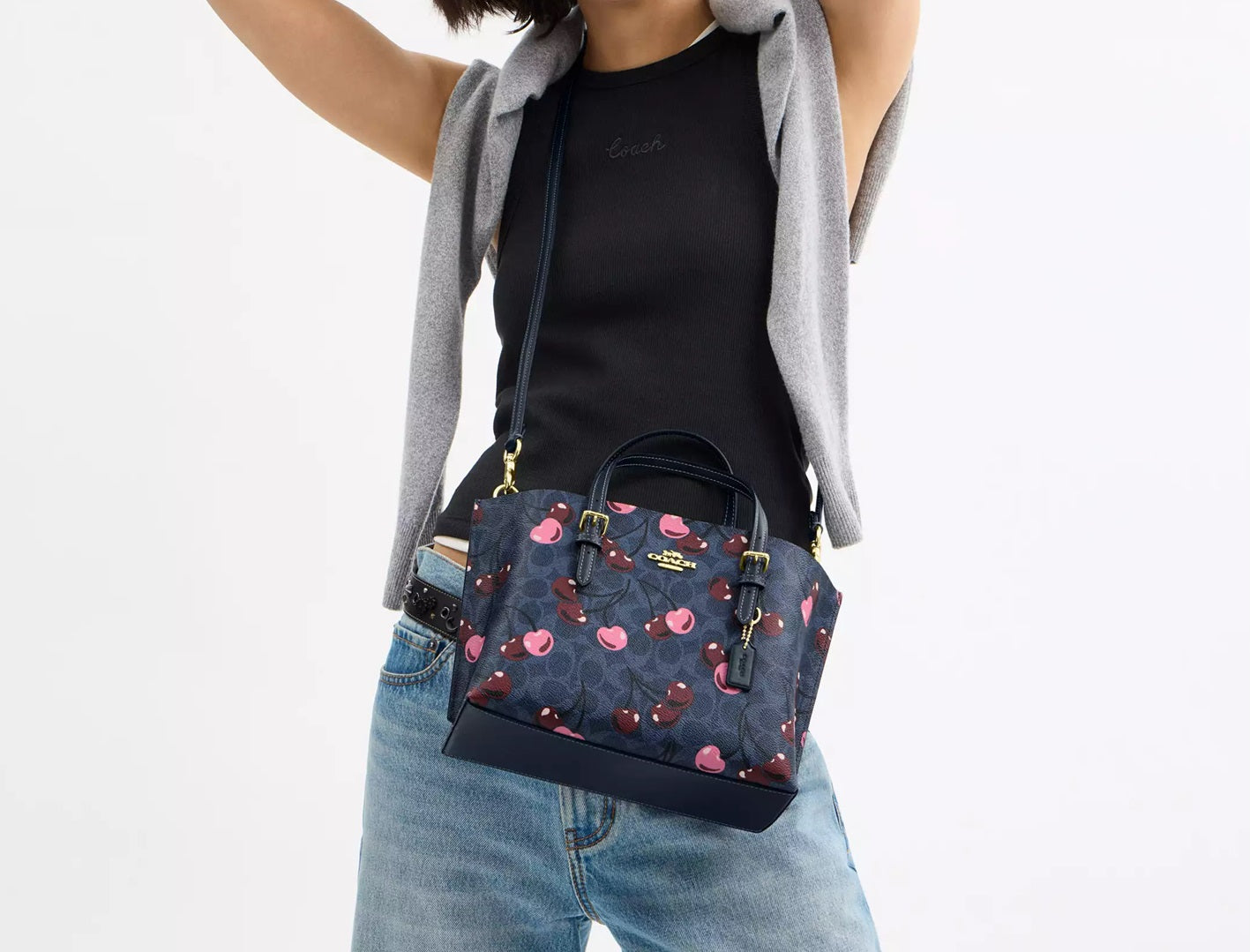 Mollie Tote Bag 25 In Signature Canvas With Cherry Print Denim Multi Coach