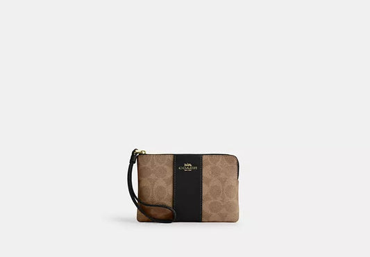 Corner Zip Wristlet In Signature Canvas With Stripe Tan Black Coach