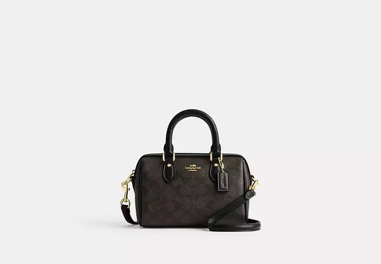 Mini Rowan Crossbody Bag In Signature Canvas Walnut Black Coach