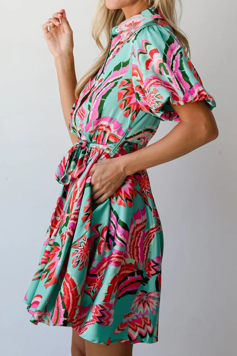 Abstract Print Lace-Up High Waist Buttoned Mini Dress