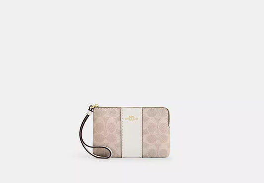 Corner Zip Wristlet In Signature Canvas With Stripe Sand Chalk Coach