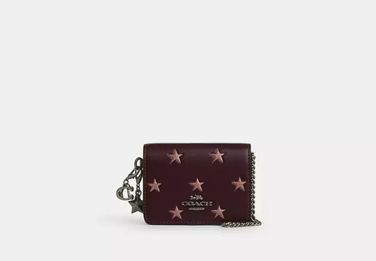 Boxed Mini Wallet On A Chain With Star Print Merlot Coach