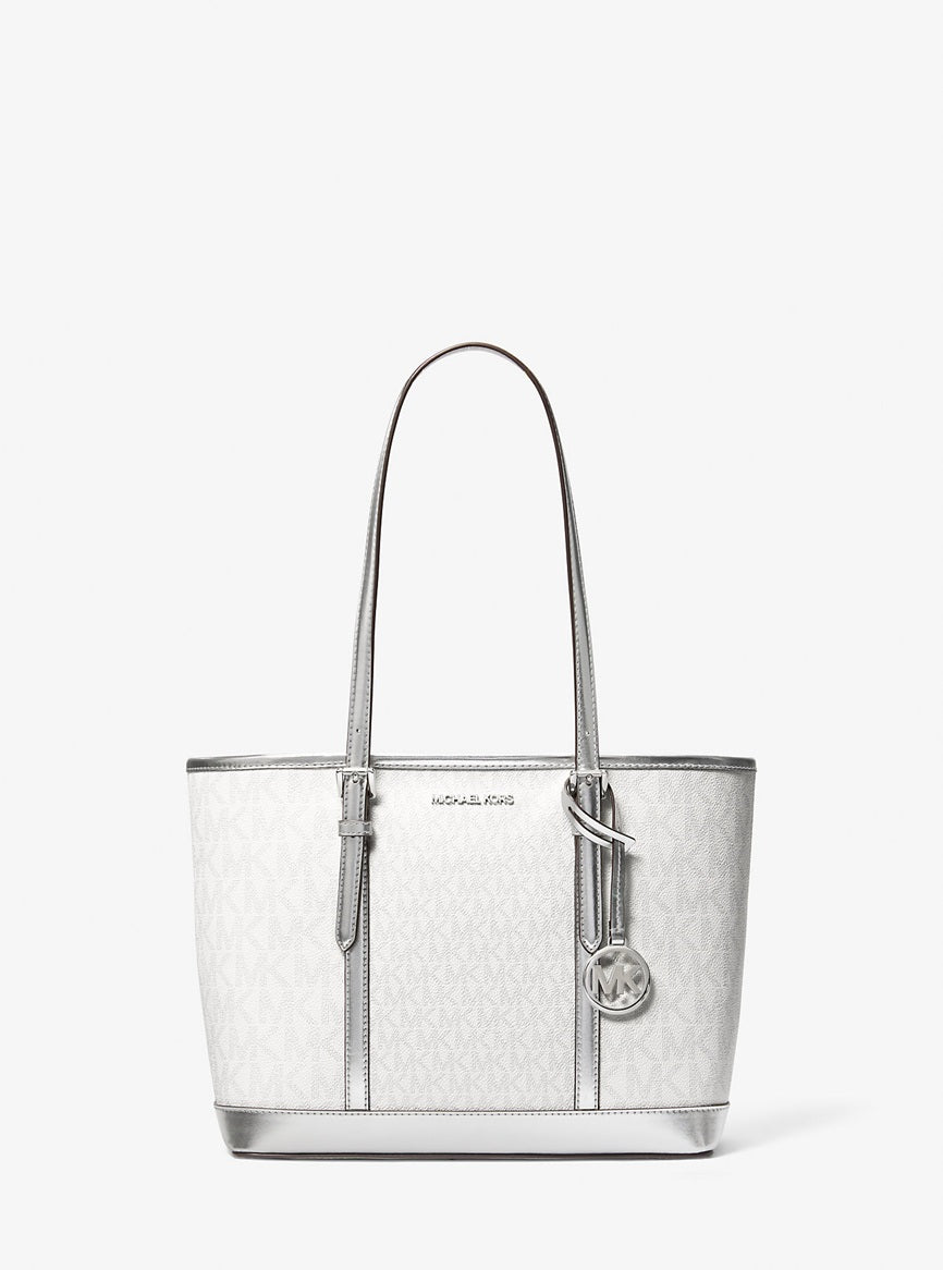 Jet Set Travel Small Metallic Logo Top-Zip Tote Bag Silver Michael Kors