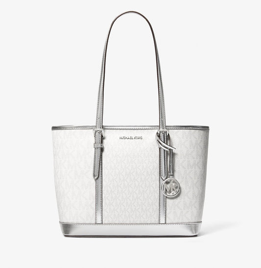 Jet Set Travel Small Metallic Logo Top-Zip Tote Bag Silver Michael Kors