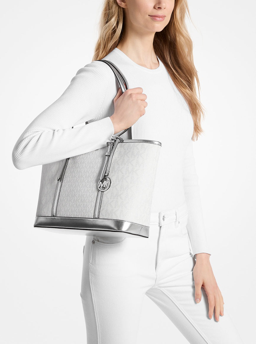 Jet Set Travel Small Metallic Logo Top-Zip Tote Bag Silver Michael Kors