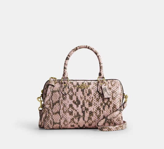Rowan Satchel Bag Snake Embossed Leather Pink Coach