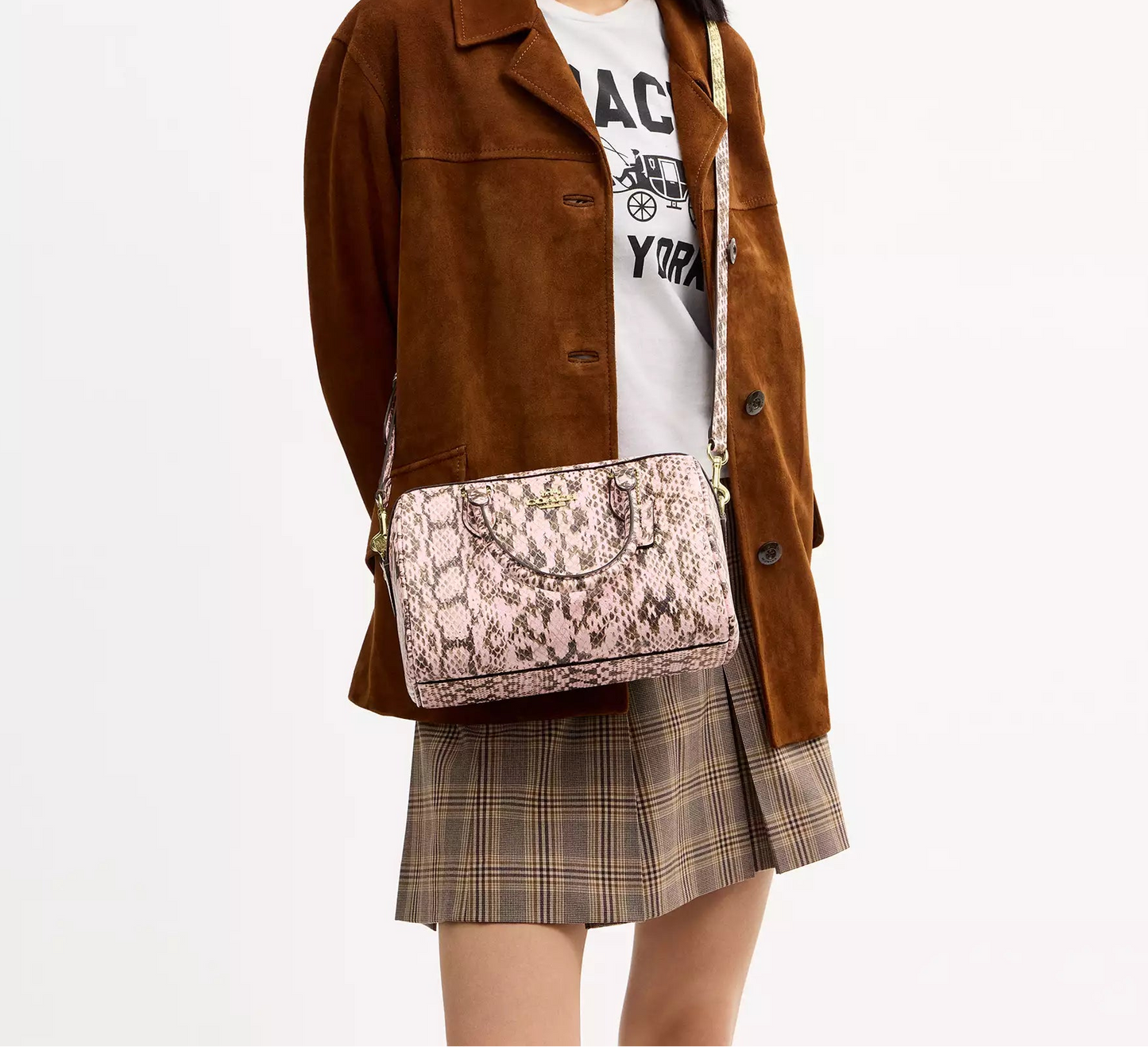 Rowan Satchel Bag Snake Embossed Leather Pink Coach