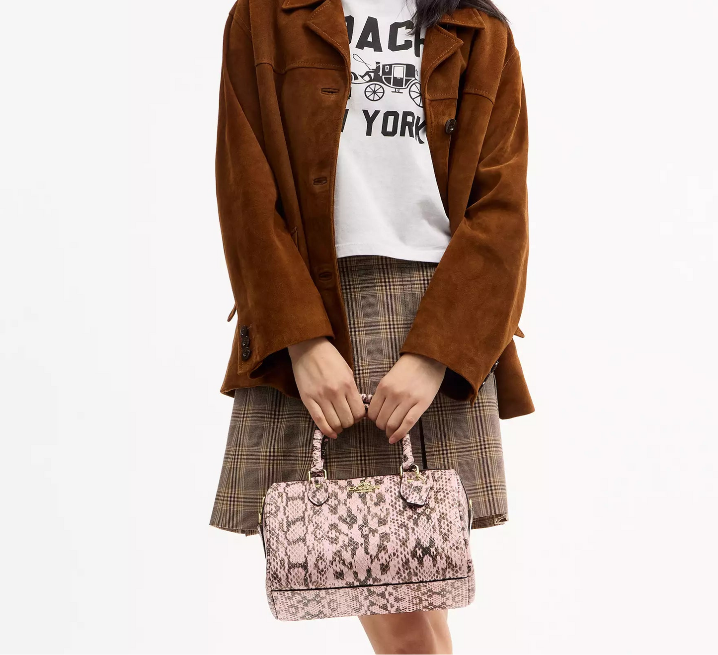 Rowan Satchel Bag Snake Embossed Leather Pink Coach