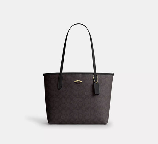 Medium City Tote Bag In Signature Canvas Walnut Black Coach