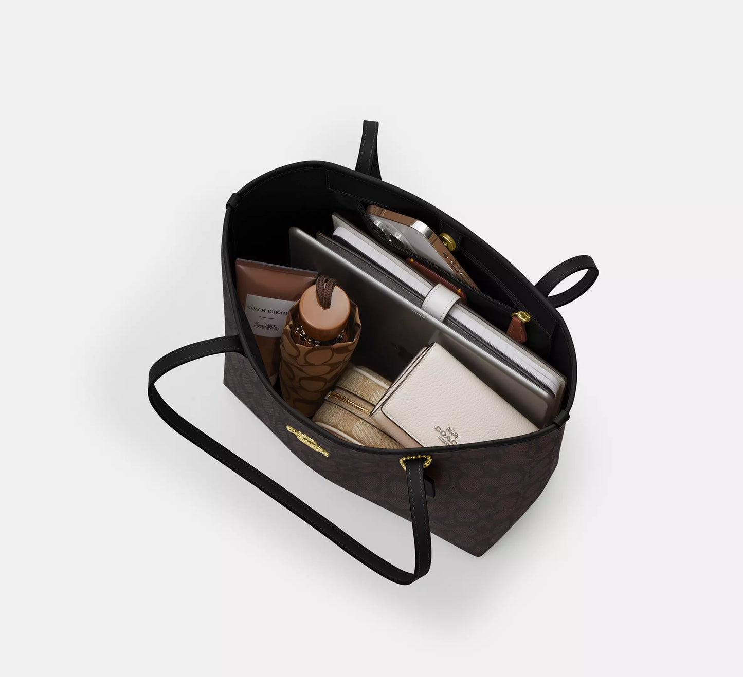 Medium City Tote Bag In Signature Canvas Walnut Black Coach