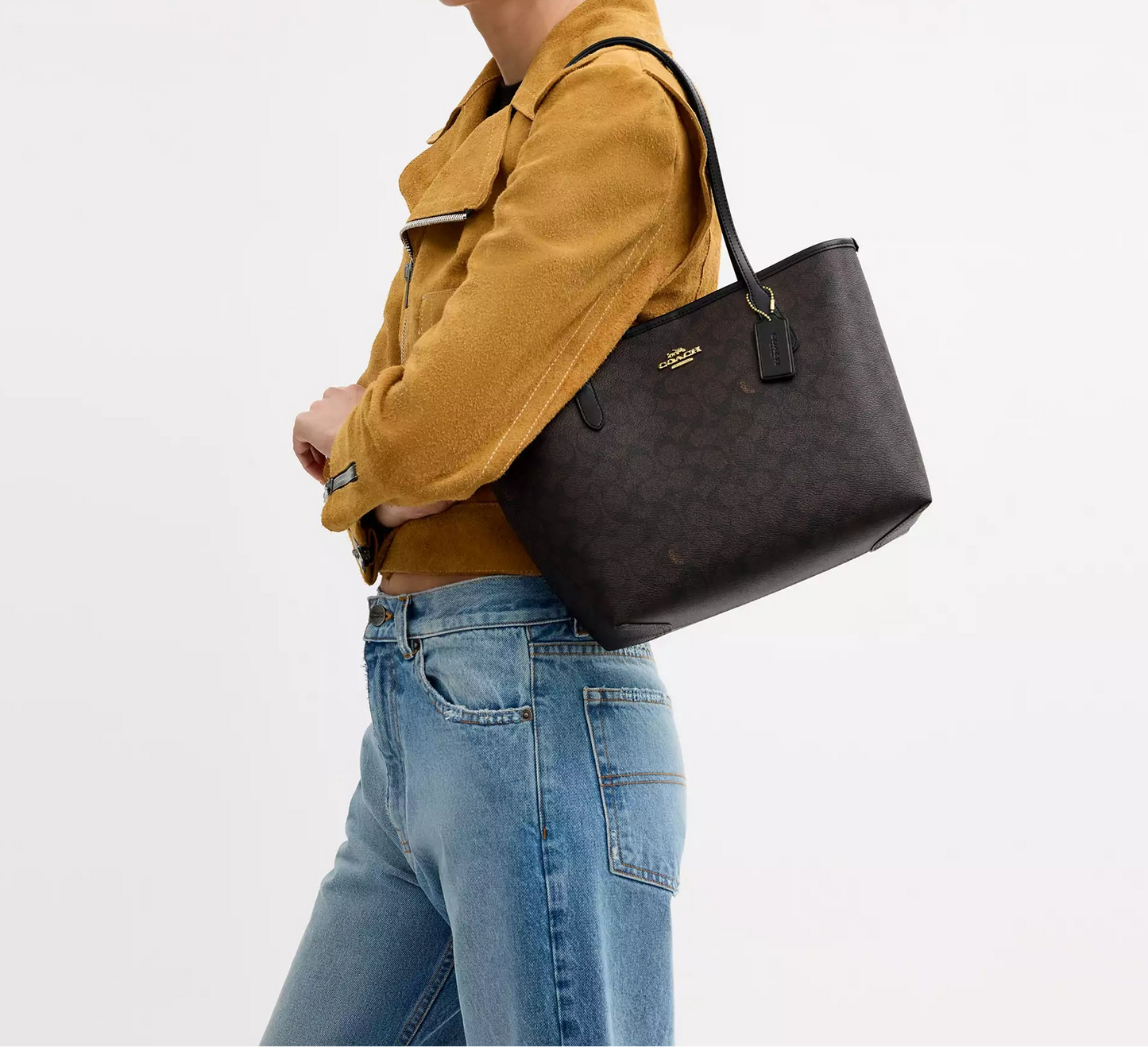 Medium City Tote Bag In Signature Canvas Walnut Black Coach