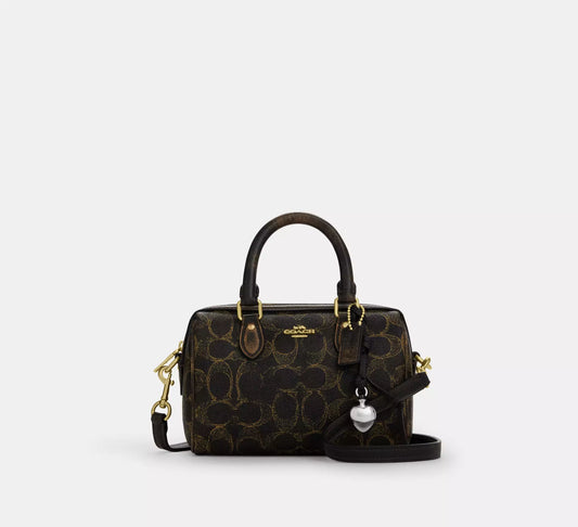 Mini Rowan Crossbody Bag In Loved Signature Canvas Brown With Charms Coach