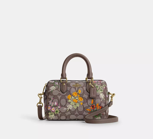 Mini Rowan Crossbody Bag In Signature Jacquard With Floral Embroidery Coach