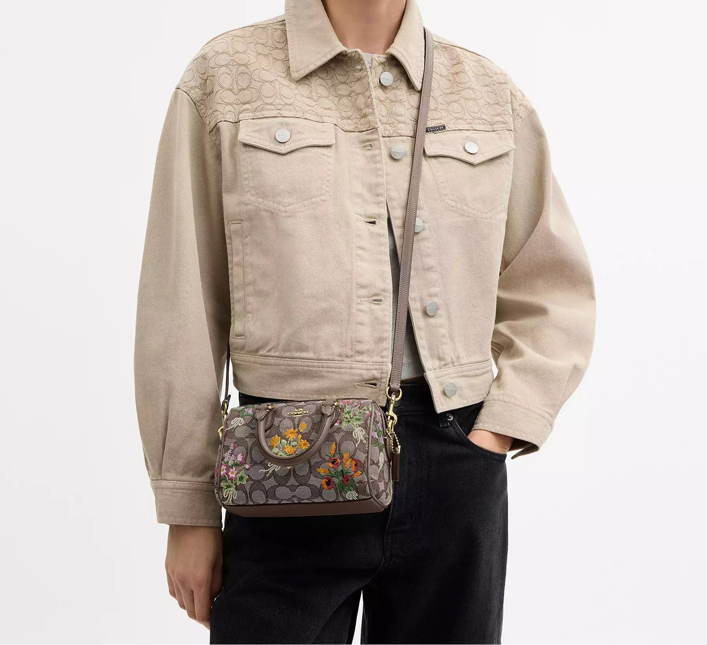 Mini Rowan Crossbody Bag In Signature Jacquard With Floral Embroidery Coach