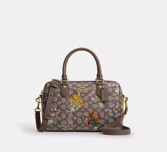 Rowan Satchel Bag In Signature Jacquard With Floral Embroidery Coach
