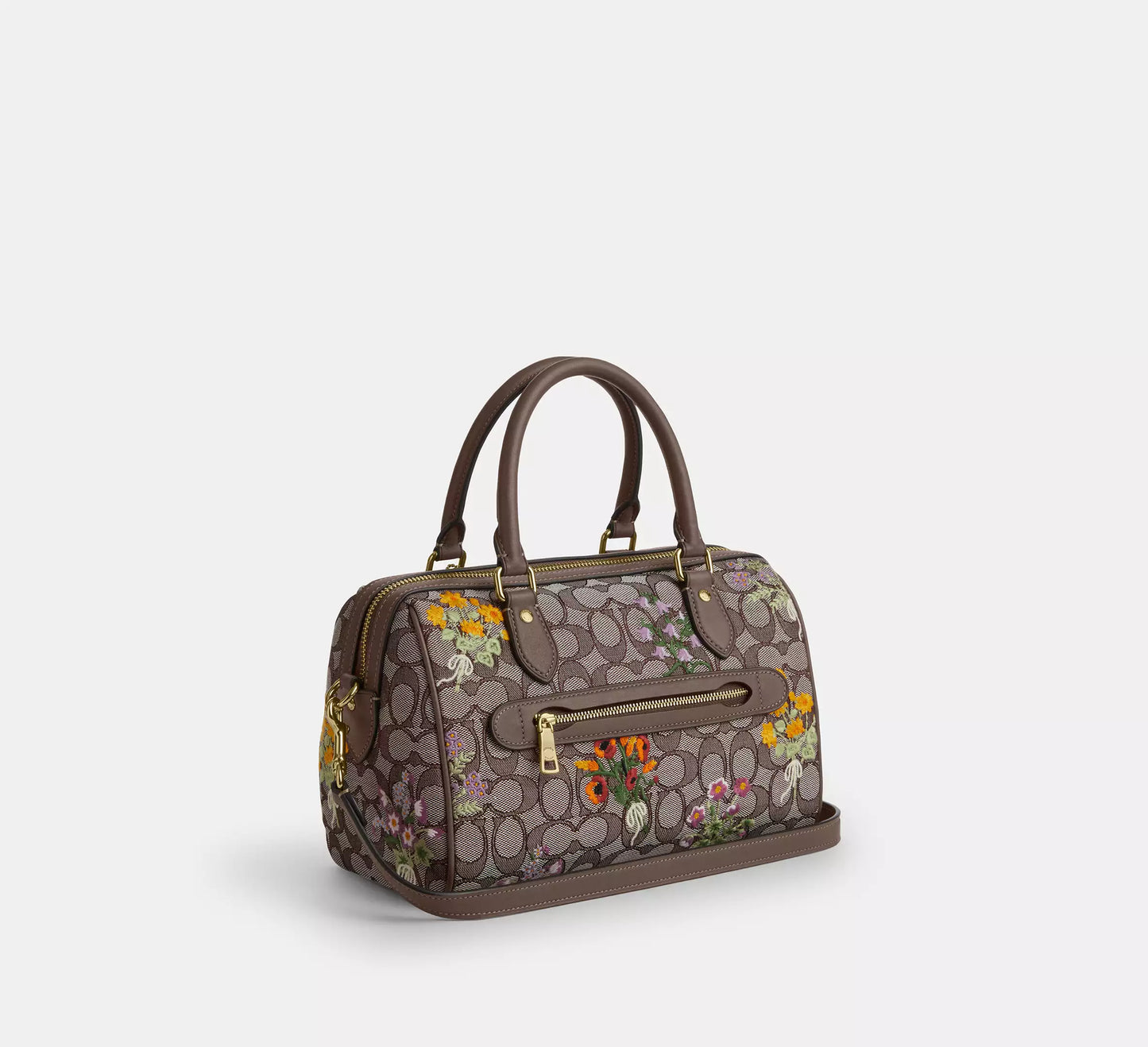Rowan Satchel Bag In Signature Jacquard With Floral Embroidery Coach