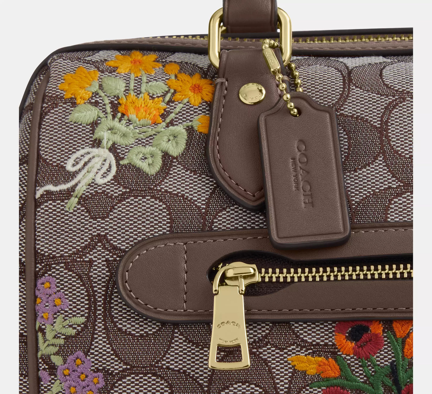 Rowan Satchel Bag In Signature Jacquard With Floral Embroidery Coach