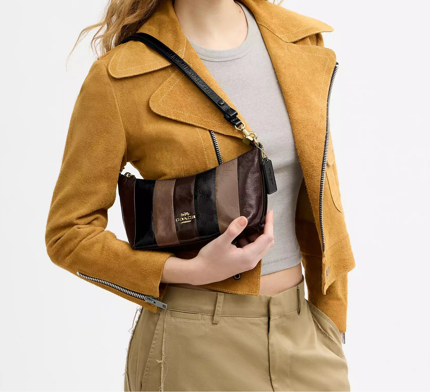 Caitlin Shoulder Bag With Striped Patchwork Black Multi Coach