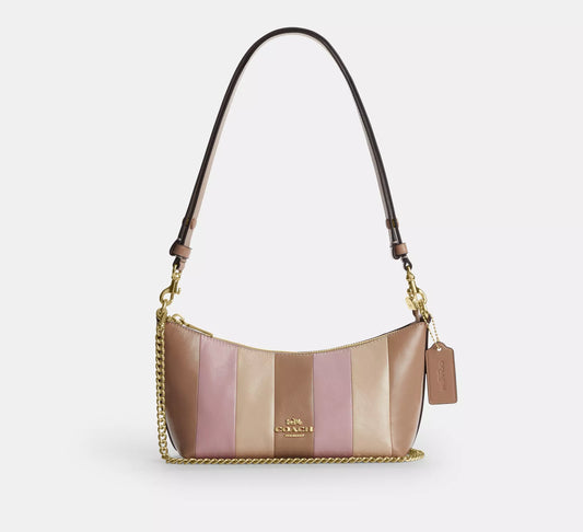 Caitlin Shoulder Bag With Striped Patchwork Taupe Multi Coach