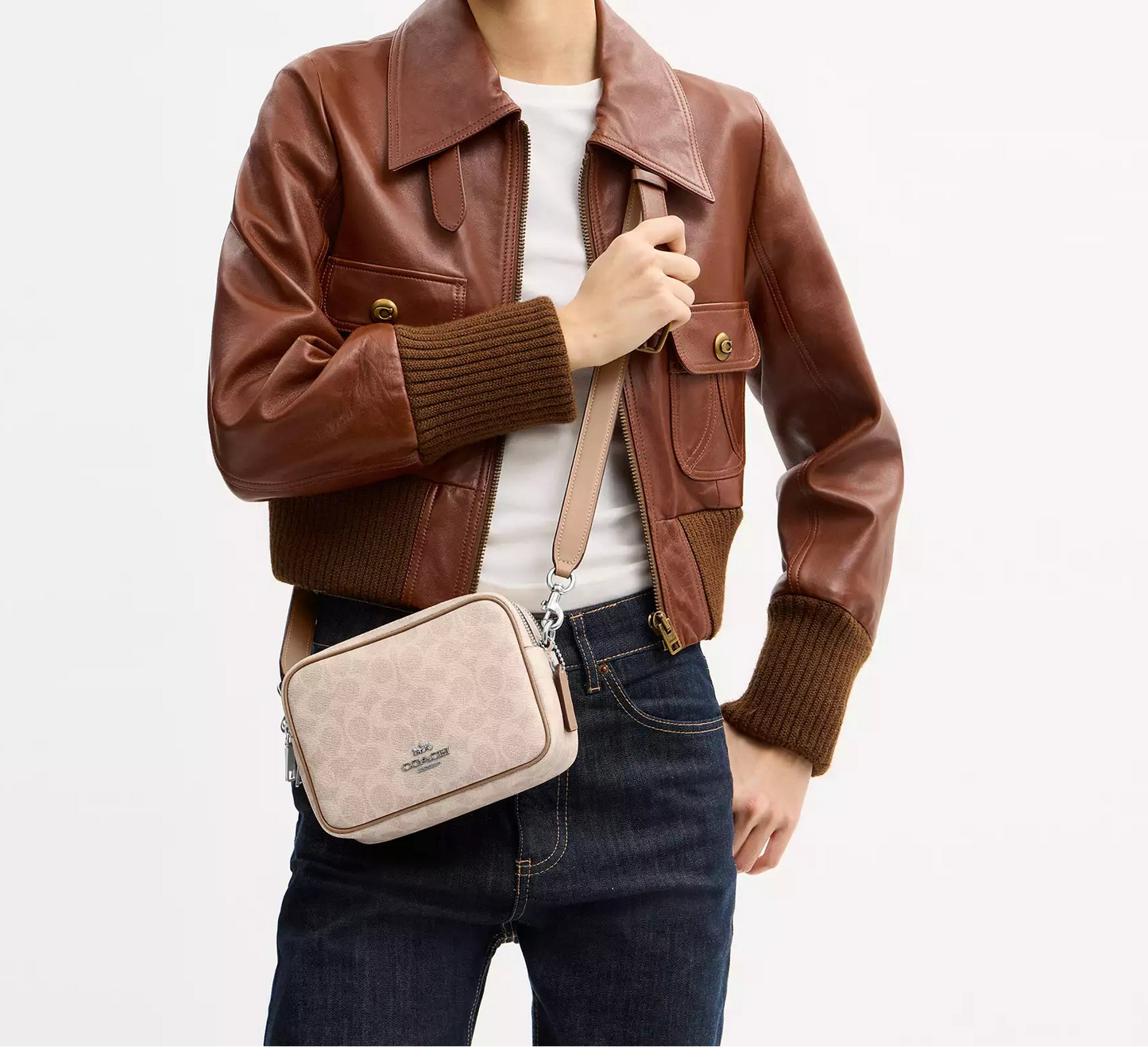Mini Carey Crossbody Bag In Signature Canvas Taupe Coach