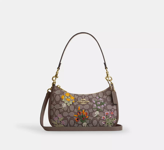 Teri Shoulder Bag In Signature Jacquard With Floral Embroidery Coach