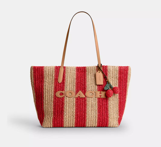 City Tote Bag Straw With Stripes And Charm Coach