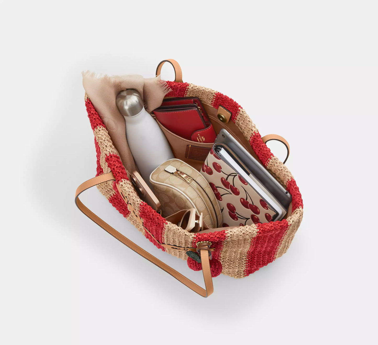 City Tote Bag Straw With Stripes And Charm Coach