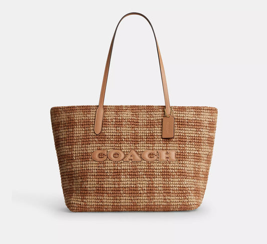 City Tote Bag Straw With Gingham Print Coach